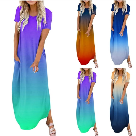 Ahuyic Printed Solid Color Plus Size Dress For Women, Summer Womens' Short Sleeve Long Maxi Dresses,Summer Women's Short-Sleeved Round Neck Long Dress Gradient Color Beach Vacation Sundress