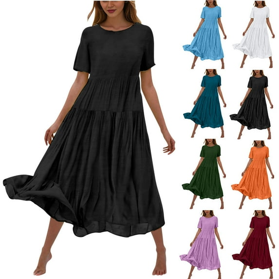 Ahuyic Printed Solid Color Plus Size Dress For Women, Summer Womens' Short Sleeve Long Maxi Dresses,Women's Loose Round Neck Middle-Large Length Dress Round Neck Solid Color Layered Dress