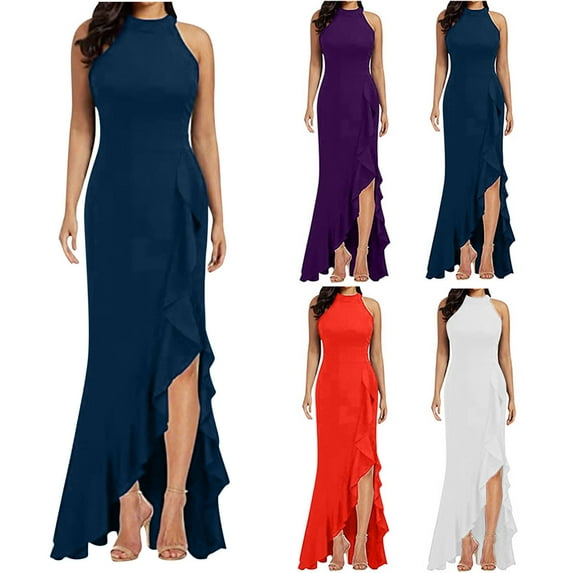 Ahuyic Printed Solid Color Plus Size Dress For Women, Summer Womens' Sleeveless Long Maxi Dresses,Women's Solid Color Halter Long Dress Slit Tight Evening Skirts Wedding Guest Dress