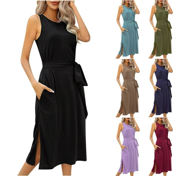 Ahuyic Printed Solid Color Plus Size Dress For Women, Summer Womens' Sleeveless Tank Knee-Length Dresses,Fashion Womens Summer Sleeveless Round Neck Casual Knee-Length Dress