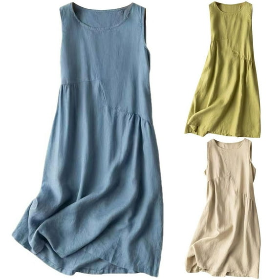 Ahuyic Printed Solid Color Plus Size Dress For Women, Summer Womens' Sleeveless Tank Knee-Length Dresses,Summer Women's Cotton And Linen Loose Sleeveless Long Dress Round Neck And Mid-Calf Dress