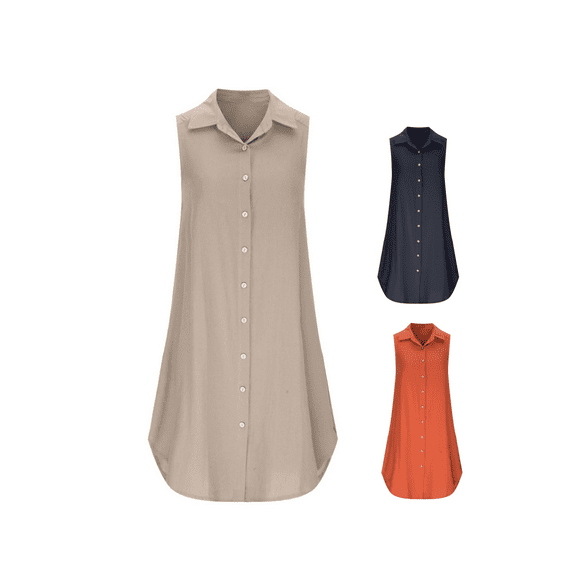 Ahuyic Printed Solid Color Plus Size Dress For Women, Summer Womens' Sleeveless Tank Knee-Length Dresses,Summer Women's Cotton And Linen Sleeveless Single Breasted Loose V-Neck Dress