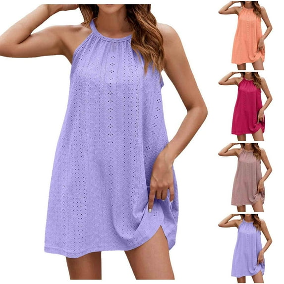 Ahuyic Printed Solid Color Plus Size Dress For Women, Summer Womens' Sleeveless Tank Knee-Length Dresses,Women's Summer New Halter Loose Dress Suspender Ankle-Length Dress