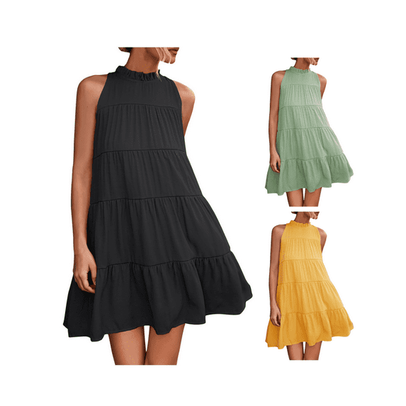 Ahuyic Printed Solid Color Plus Size Dress For Women, Summer Womens' Sleeveless Tank Knee-Length Dresses,Womens Summer Casual Backless Dress Halter Strapless Above Knee Dress