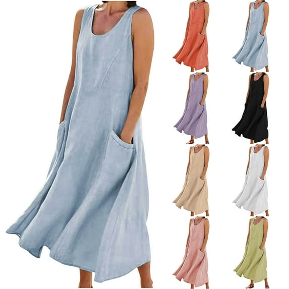 Ahuyic Printed Solid Color Plus Size Dress For Women, Summer Womens' Sleeveless Tank Long Dresses,Women's Casual Beach Vacation Round Neck Long Dress With Pocket