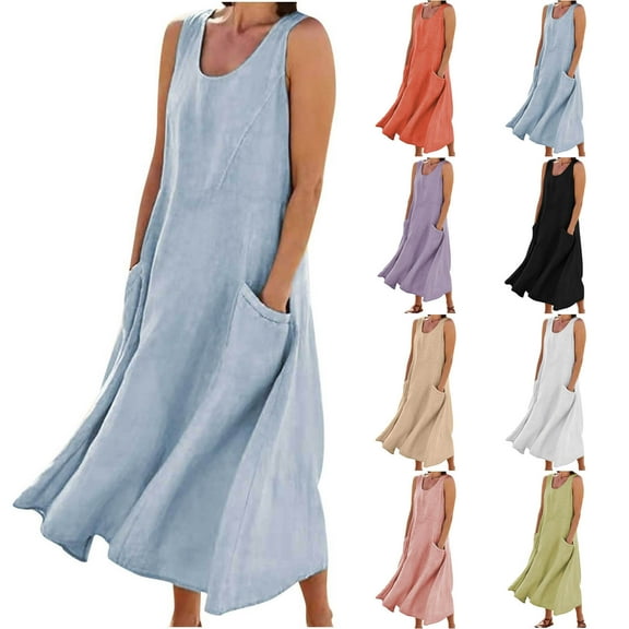 Ahuyic Printed Solid Color Plus Size Dress For Women, Summer Womens' Sleeveless Tank Long Dresses,Women's Casual Beach Vacation Round Neck Long Dress With Pocket