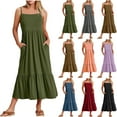 thumbnail image 1 of Ahuyic Printed Solid Color Plus Size Dress For Women, Summer Womens' Sleeveless Tank Long Dresses,Women's Fashion Boat Neck Sleeveless Pleated Dresses With Pockets, 1 of 5