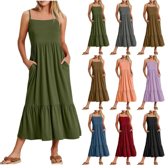 Ahuyic Printed Solid Color Plus Size Dress For Women, Summer Womens' Sleeveless Tank Long Dresses,Women's Fashion Boat Neck Sleeveless Pleated Dresses With Pockets