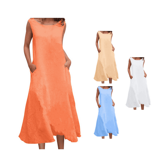 Ahuyic Printed Solid Color Plus Size Dress For Women, Summer Womens' Sleeveless Tank Long Maxi Dresses,Ladies' Casual Round-Neck Sleeveless Solid Color Loose Dress With Pockets