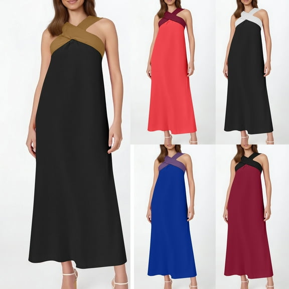 Ahuyic Printed Solid Color Plus Size Dress For Women, Summer Womens' Sleeveless Tank Long Maxi Dresses,Summer Casual Women's Fashionable Cross Style Halter Long Dress Backless Long Maxi Dress