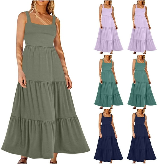 Ahuyic Printed Solid Color Plus Size Dress For Women, Summer Womens' Sleeveless Tank Long Maxi Dresses,Women's Sleeveless Square Neck Flowy Tiered Layered Skirt Ankle Length Dress With Pockets