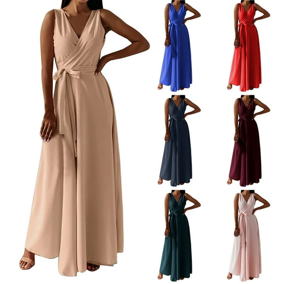 Ahuyic Printed Solid Color Plus Size Dress For Women, Summer Womens' Sleeveless Tank Long Maxi Dresses,Women's Summer Lace-Up Waist Skirt Sleeveless V-Neck Long Maxi Dress