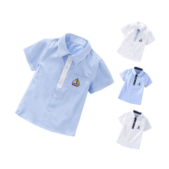 Ahuyic Summer Toddler Kids' Casual Blouse, Solid Color Loose Short Sleeve Top For Girls And Boys,Boys' Sailboat Printed Thin Shirt Casual Short-Sleeved Top Middle Small Aged Lapel Top/Shirt