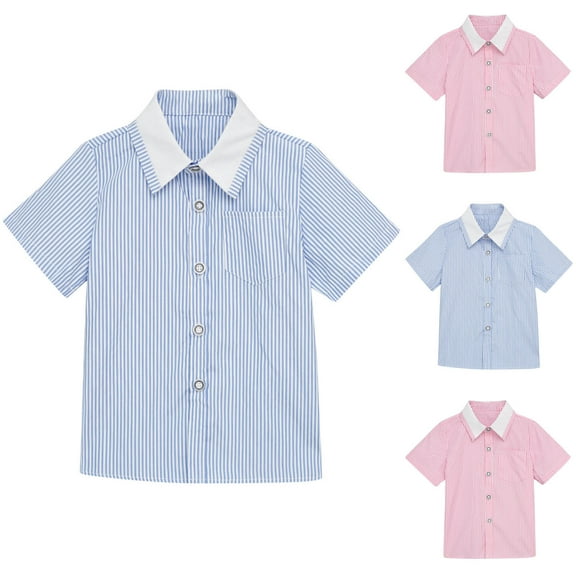 Ahuyic Summer Kids' Casual All Match Blouse, Solid Color Loose Short Sleeve Top For Girls And Boys,Middle And Small Aged Kids Striped Thin Casual Top Button Short Sleeve Shirt With Pocket