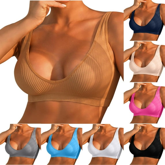 Ahuyic Summer Plus Size Bra For Women, Womens Solid Color Casual Bra, Fashion Women Solid Color Wireless V-neck Monolayer Thin And Light Daily Bra,Beige L