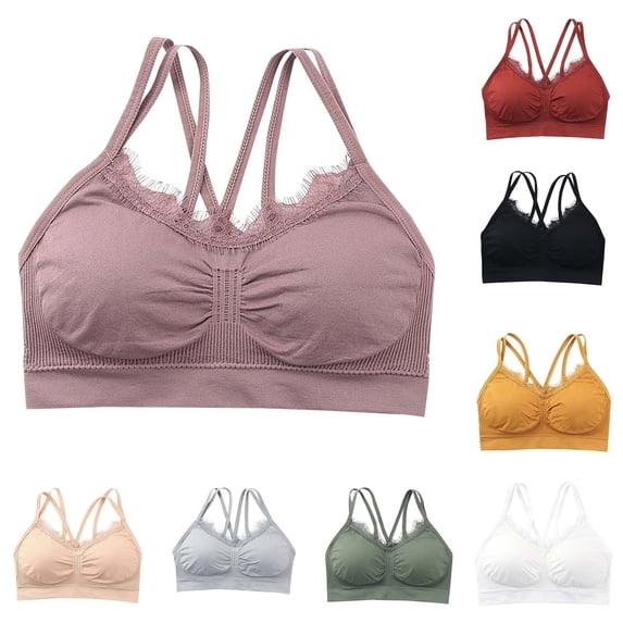 Ahuyic Summer Plus Size Bra For Women, Womens Solid Color Casual Bra, Fashion Womens Solid Color Lace Seamless Casual Beautiful Back Strap Sports Bra,White Free Size