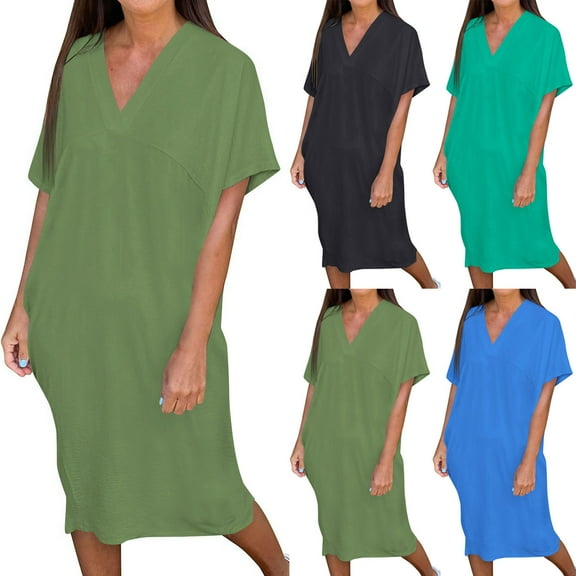 Ahuyic Summer Plus Size Dress For Women, Womens Short Sleeve V-Neck Casual Dress, Womens Casual Solid Color V Neck Short-sleeved Casual Dress