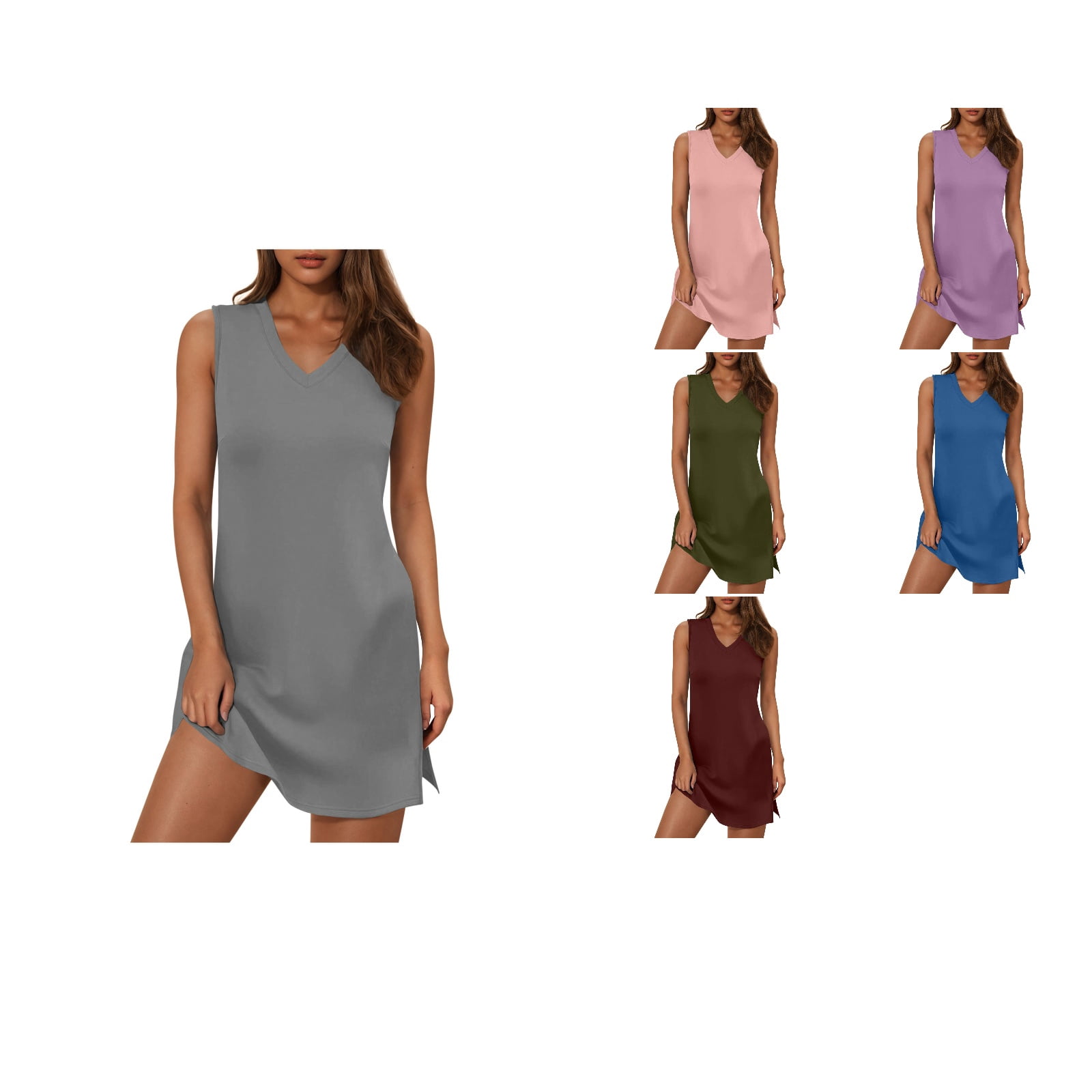 Summer On Sale Clearance Women Sleeveless V-Neck Button Solid Sun Casual Sweet Holiday Party Beach Midi Dress