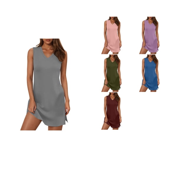 Ahuyic Summer Plus Size Dress For Women, Womens Sleeveless V-Neck Casual Dress, Womens Summer Fashion Solid Color Sleeveless V-Neck Dress