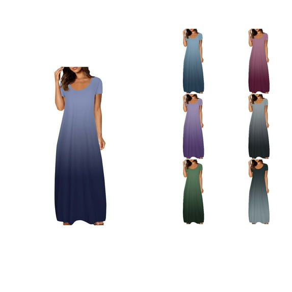 Ahuyic Summer Plus Size Dress For Women, Womens Short Sleeve Crew Neck Casual Dress, Womens Large Pocket Print Color Dress Round Neck Short Sleeved Dress