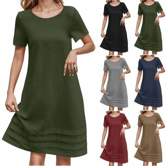 Ahuyic Summer Plus Size Dress For Women, Womens Short Sleeve Crew Neck Casual Dress, Womens Summer Cotton And Linen Short Sleeved Round Neck Pleated Dress Long Skirt