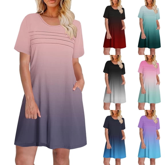 Ahuyic Summer Plus Size Dress For Women, Womens Short Sleeve Crew Neck Casual Dress, Womens Summer Gradient Print Short Sleeve Round Neck Front Pleated Dress With Pocket