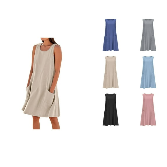 Ahuyic Summer Plus Size Dress For Women, Womens Short Sleeve Crew Neck Casual Dress, Womens Summer Imitation Cotton And Linen Suspender Solid Color Pocket Jumpsuit Long dress