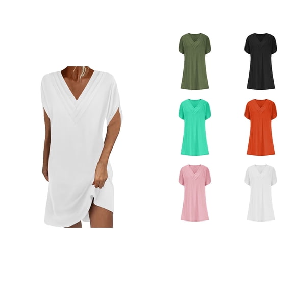 Ahuyic Summer Plus Size Dress For Women, Womens Short Sleeve V-Neck Casual Dress, Womens Solid Color Short Sleeved V-Neck Pleated Batball Sleeve Dress
