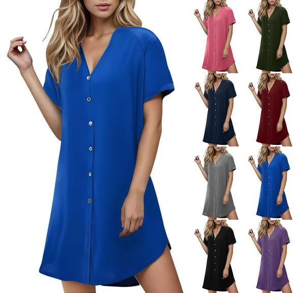 Ahuyic Summer Plus Size Dress For Women, Womens Short Sleeve V-Neck Casual Dress, Womens Summer Dress V-Neck Casual Short Sleeve Dress Night Dress A Line Dress
