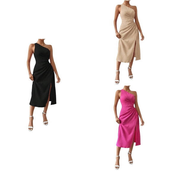 Ahuyic Summer Plus Size Dress For Women, Womens Sleeveless Crew Neck Casual Dress, Fashion Womens Solid Color Sleeveless Slanted Shoulder Waist Hollow Out Vent Dress