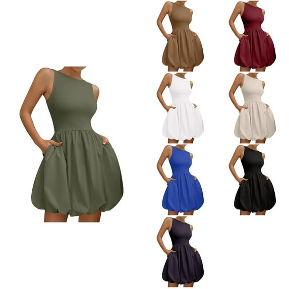 Ahuyic Summer Plus Size Dress For Women, Womens Sleeveless Crew Neck Casual Dress, Ladies Fashion Sleeveless Round-Neck Solid Color Dress Short Dress With Pocket