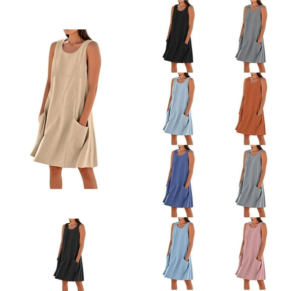 Ahuyic Summer Plus Size Dress For Women, Womens Sleeveless Crew Neck Casual Dress, Womens Solid Color Casual Sleeveless Cotton Linen Loose Fitting Dress With Pockets