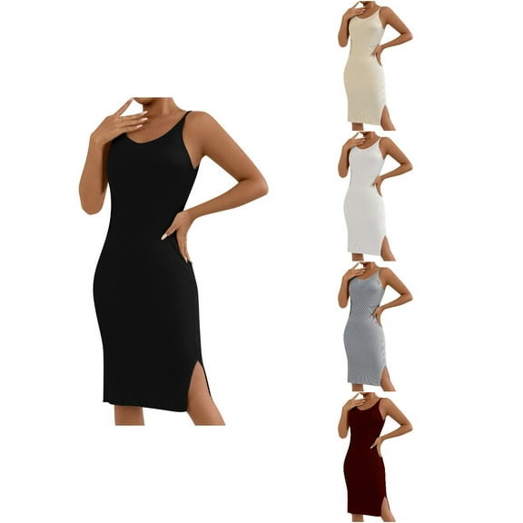 Ahuyic Summer Plus Size Dress For Women, Womens Sleeveless V-Neck Casual Dress, Womens New Solid Color V-Neck Knitted Top Dress Summer Sleeveless Camisole Skirt