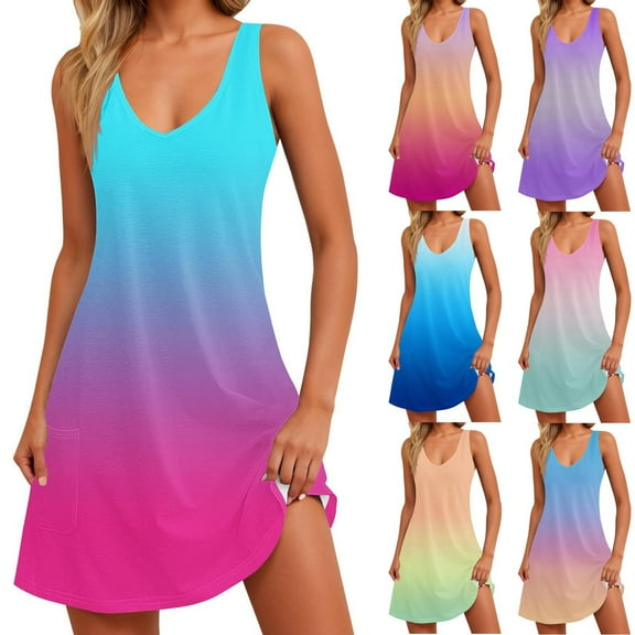 Ahuyic Summer Plus Size Dress For Women, Womens Sleeveless V-Neck Casual Dress, Womens Summer Gradient Print Loose Sleeveless V Neck Dress With Pocket
