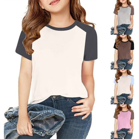 Ahuyic Summer Toddler Girls Short Sleeve Tshirt,Girls Casual Blouse And Tank Tops,Toddler Kids Boys Girls Fashion Cute Solid Color Splicing Soft Short Sleeve Pullover Top