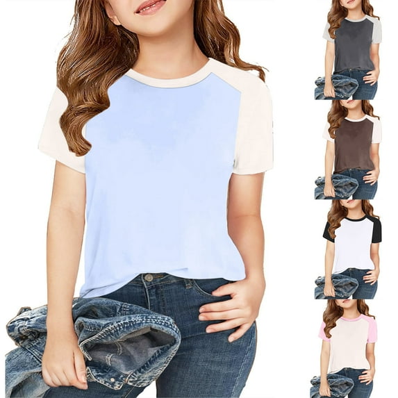 Ahuyic Summer Toddler Girls Short Sleeve Tshirt,Girls Casual Blouse And Tank Tops,Toddler Kids Boys Girls Fashion Cute Solid Color Splicing Soft Short Sleeve Pullover Top