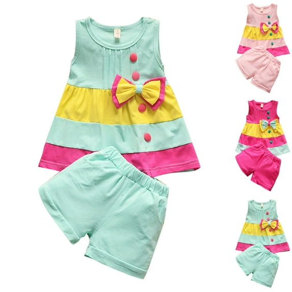 Ahuyic Boys Girls 2 Piece Outfits, Casual Outfit Sets for Toddler ,Childrens Casual Solid Color Short Pants And Printing Round Neck Tank Top Sets,Pink,3 Years