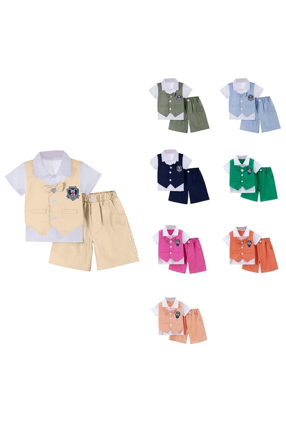 Boys Girls 2 Piece Outfits, Casual Outfit Sets for Toddler ,Summer Childrens Casual Ice Silk Short Sleeve Lapel Sets And Short Pants Two Pieces Set,Yellow,5 Years