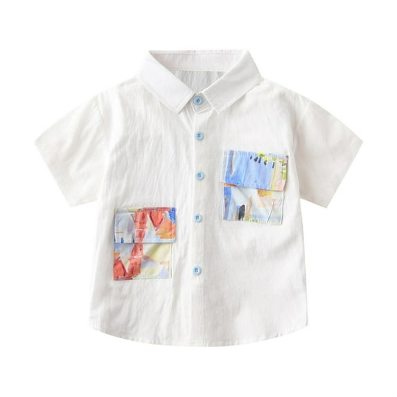 Ahuyic Summer Toddler Solid Color T-Shirt,Kids Casual Top,Summer New Children's And Girls' Printed Shirt Short Sleeve Flip Tie Pocket Button Casual Shirt Top