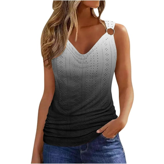 Ahuyic Tank Tops for Women, Womens Summer Tops Casual Sleeveless V Neck Shirt Loose Fit O Ring Shoulder Tee Shirts Black B XL