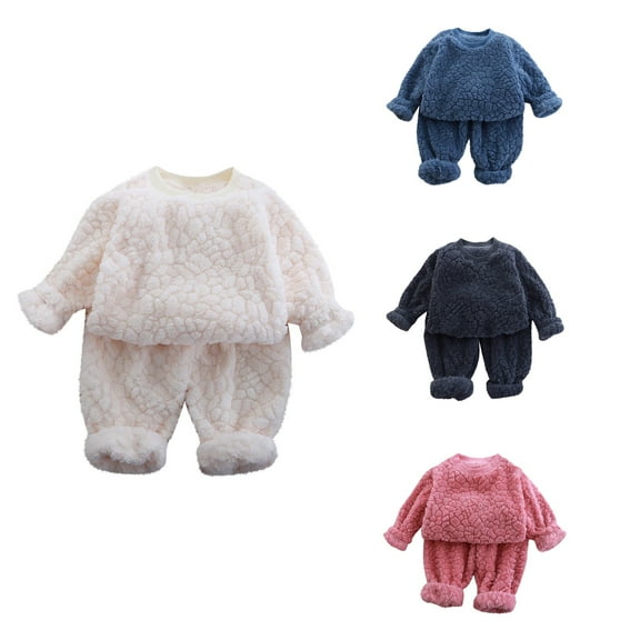 Ahuyic Toddler Kid Long Sleeved Outfit, Fall/Winter Warm Set For Kids, Childrens Casual Solid Color Home Two-Piece Set Long Sleeved Round Neck Top And Pants