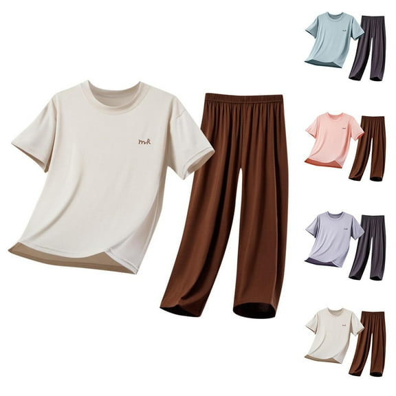 Ahuyic Toddler Kids Casual Fashion Outfits, Spring And Autumns Solid Color Top And Pants Set For Kids, Children's Solid Color Round Neck Short Sleeve Set Casual Candy Color Two Piece Pajama Set