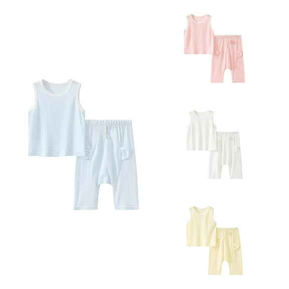 Ahuyic Toddler Kids Casual Fashion Outfits, Spring And Autumns Solid Color Top And Pants Set For Kids, Children's Solid Color Sleeveless Round Neck Top Set Elastic Waist Pants Casual Home Suit Set