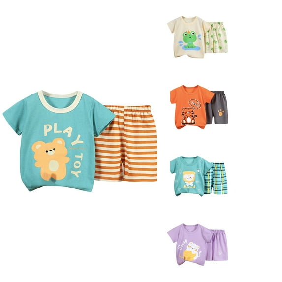 Ahuyic Toddler Kids Casual Fashion Outfits, Spring And Autumns Solid Color Top And Pants Set For Kids, Fashion Girls' Casual Short Sleeve Round Neck Collar Botton Printed Short Pants Sets