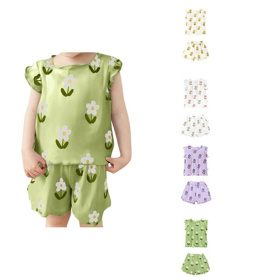 Summer Toddler Kids Shirt and Short Pants Set Boys Girls Printed Round Neck 2 Piece Outfits Casual Children's Set 7-8Years White