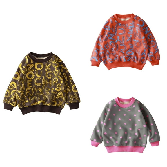 Ahuyic Toddler Kids Long Sleeved Crew Neck Blouse, Fall/Winter Warm Tops For Kids, Boys And Girl's Fashion Plus Velvet Thick Warm T-shirt Sweatshirt Long Sleeved Round Neck Top,100