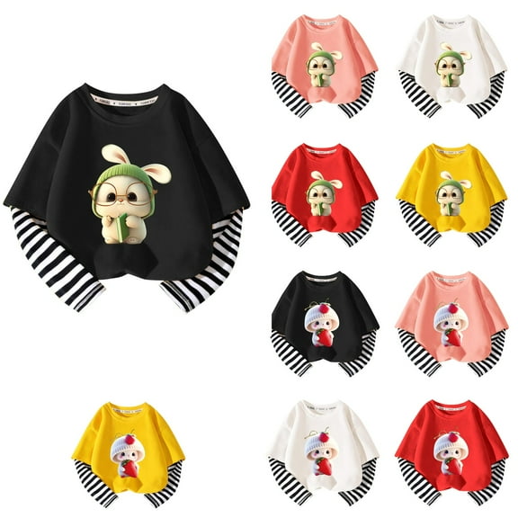 Ahuyic Toddler Kids Long Sleeved Crew Neck Blouse, Fall/Winter Warm Tops For Kids, Children's Clothing Girls' Long Sleeved T-shirt Fashion Style Children's Two-piece Striped Sleeve T-shirt,110