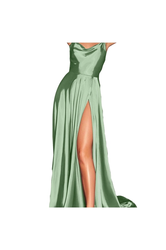 Women Wedding Guest Dresses Satin Spaghetti Straps Sleeveless V Neck High Slit Evening Cocktail Long Dress Mint Green