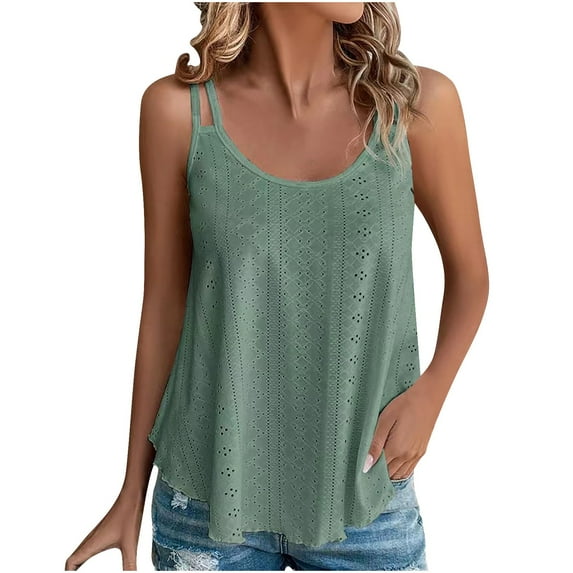 Ahuyic Women's Tank Tops, Summer Tops for Women Eyelet Embroidery Sleeveless Spaghetti Strap Tops Scoop Neck Sexy Loose Fit Tunic Shirts Army Green B XXL