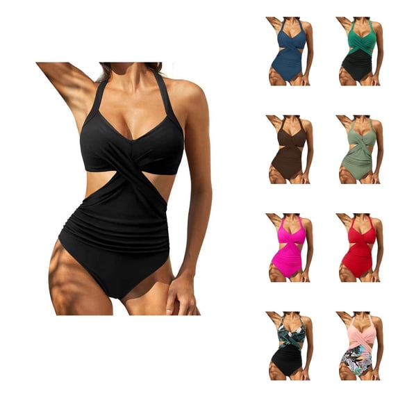 Ahuyic Womens Bikini,Womens Summer Casual Solid Color Womens One-Piece Bikini Swimsuits,Red,M
